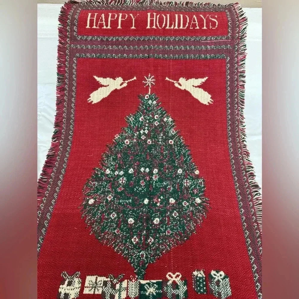 Vintage Christmas Happy Holidays Throw Blanket Tapestry Wall Hanging TableRunner